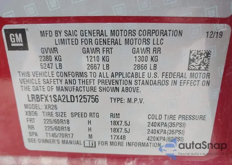 2020 Buick Envision Awd Preferred z USA, uszkodzony, nr VIN LRBFX1SA2LD125756